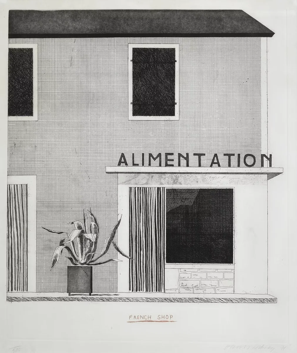 David Hockney, The French Shop, 1971, etching with aquatint on wove paper