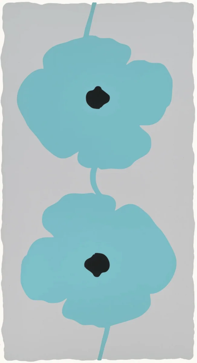 Donald Sultan, Aqua Double Poppies, 2025, silkscreen with enamel inks , flocking and sand on Rising 4 -…