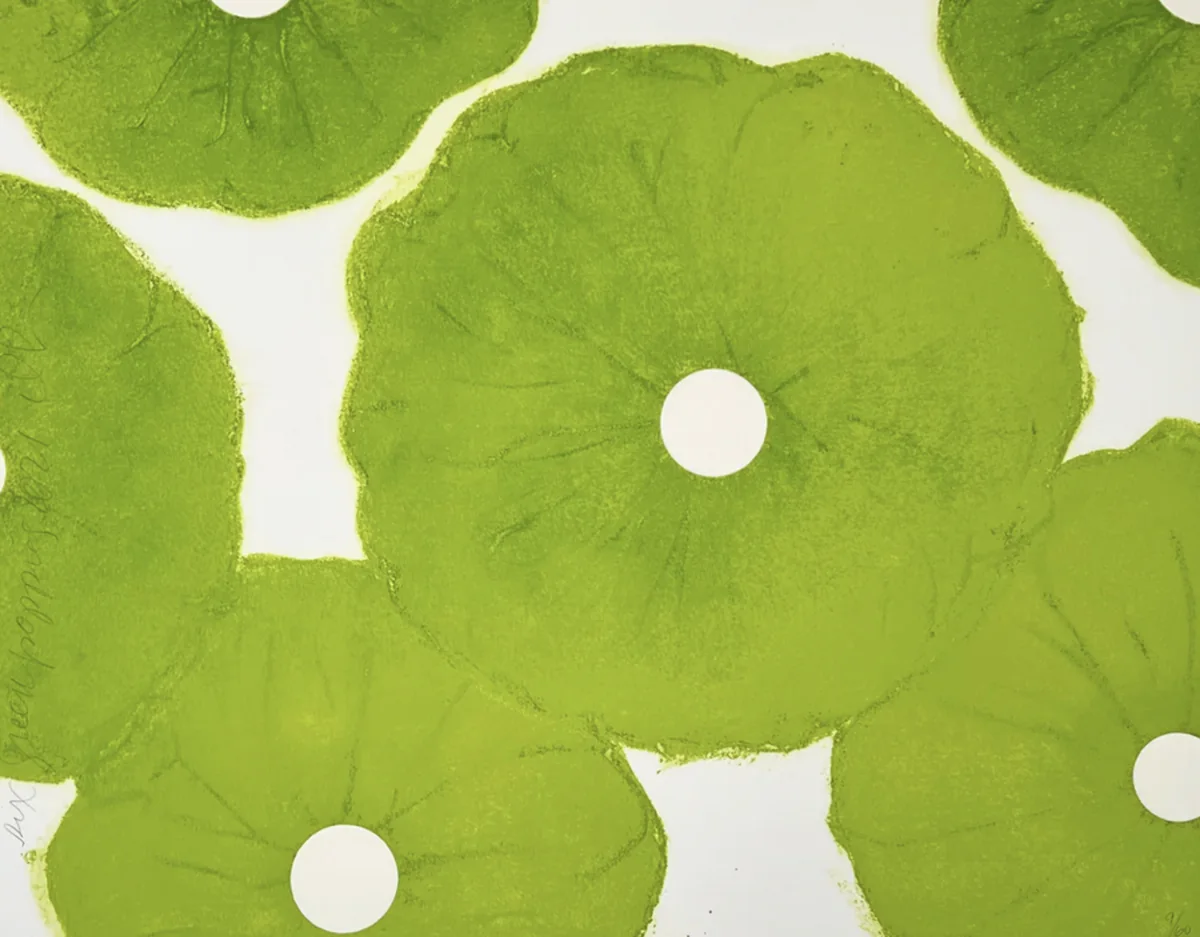 Donald Sultan, Six Green Poppies, 2021, silkscreen with enamel inks , flocking and over printed flock…