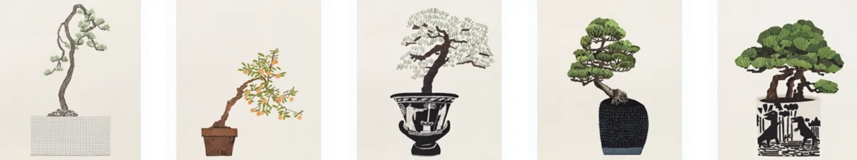 Jonas Wood, Five Bonsais, the complete set of 5 Japanese Ukiyo - e style wood cuts
