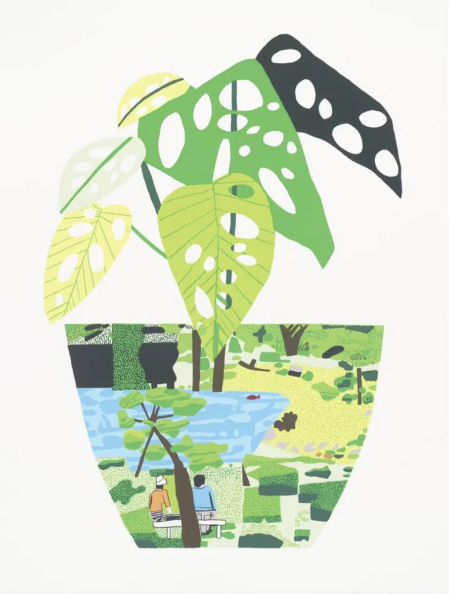 Jonas Wood, Landscape Pot with Plant, screen print on Somerset tub sized Satin Enhanced white paper