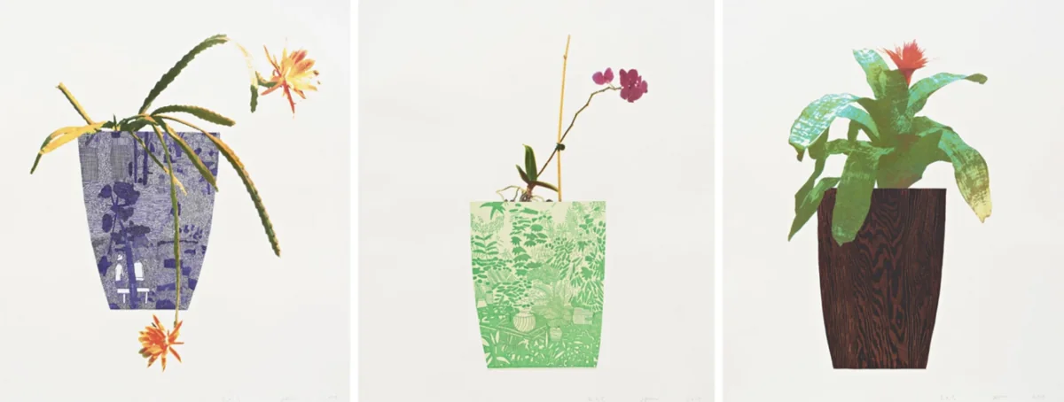 Jonas Wood, Three Landscape Pots, the complete set of 3 etchings with collage and photolithogra…